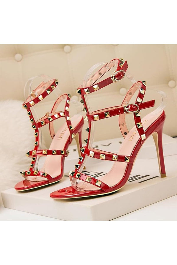 Studded Strappy Leather Open Toe High Heels - KissProm