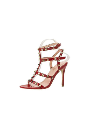 Studded Strappy Leather Open Toe High Heels - KissProm