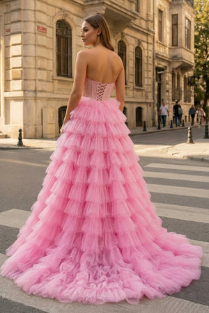 A Line Strapless Corset Glitter Tulle Prom Dress with Ruffles - KissProm