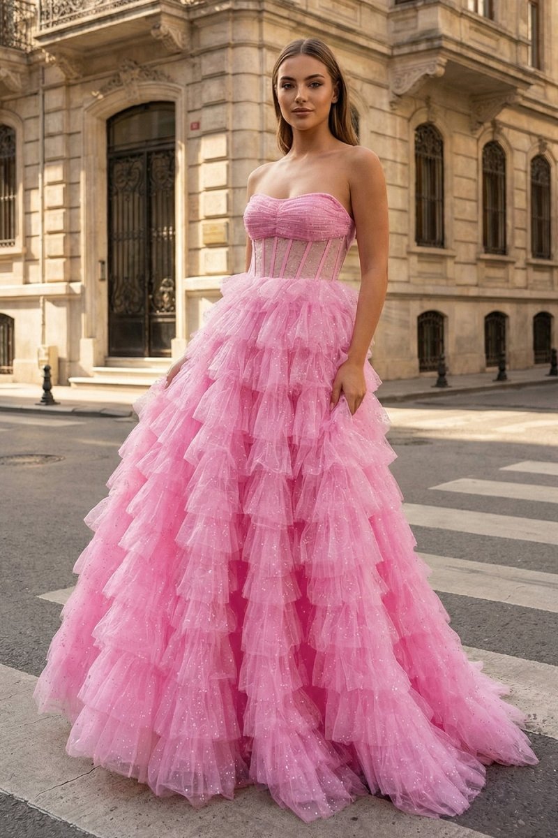 A Line Strapless Corset Glitter Tulle Prom Dress with Ruffles - KissProm
