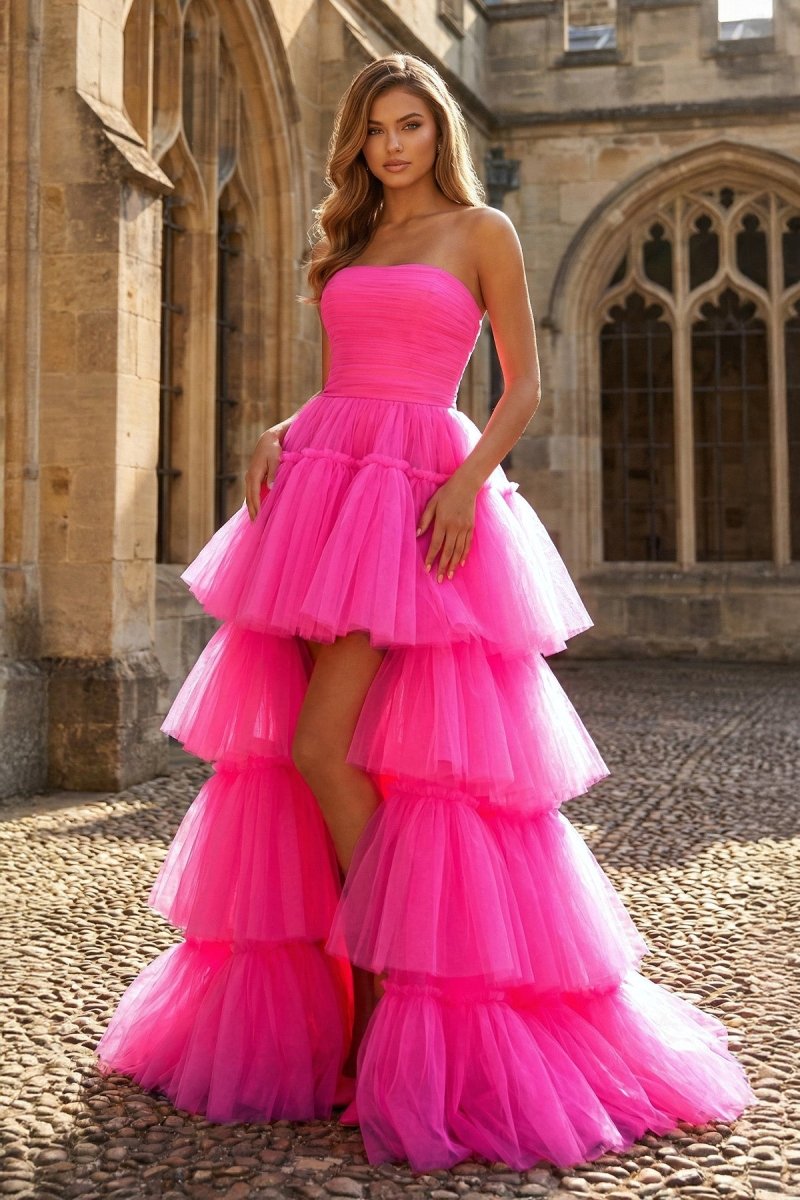 A - line High Low Strapless Tulle Prom Dress with Ruffles - KissProm