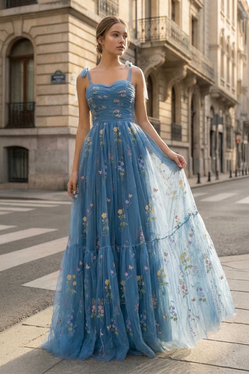 Spaghetti Straps Neck Floor Length Tulle Embroidery Floral Prom Dress - KissProm