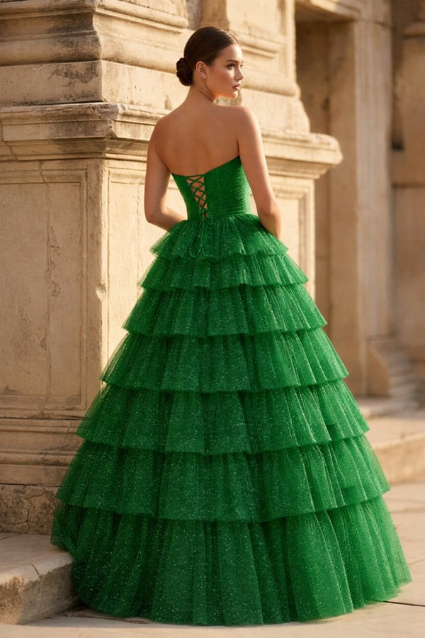 Mint Green Sweetheart Tulle Tiered A - Line Long Prom Dress with Slit - KissProm