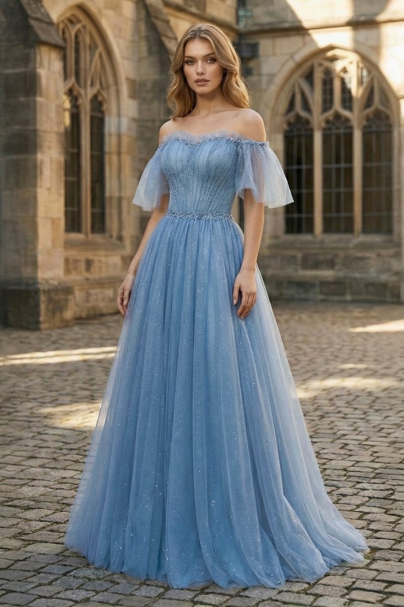 Off The Shoulder Tulle Flare Sleeves Beaded Sequin Prom Dresses Formal Evening Dresses - KissProm