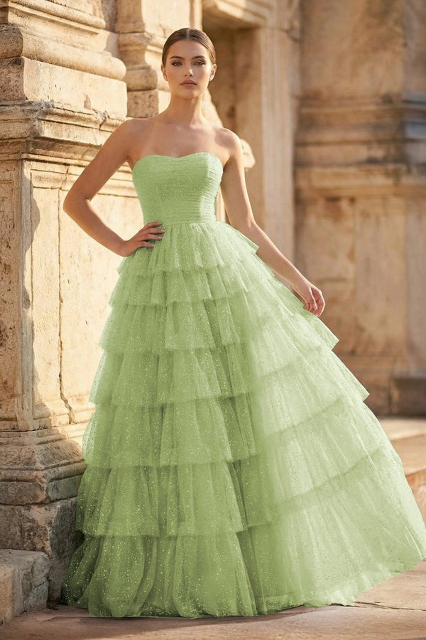 Mint Green Sweetheart Tulle Tiered A - Line Long Prom Dress with Slit - KissProm