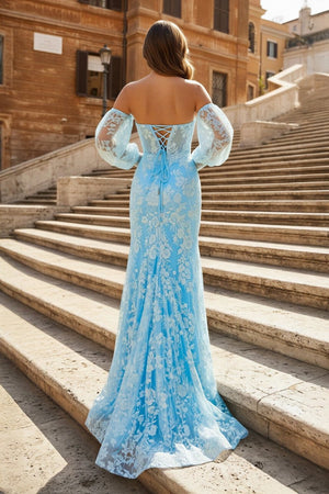Mermaid Sweetheart Lace Prom Dress with Detachable Sleeves - KissProm