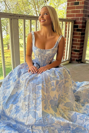 Tavynne | Blue - Square Neck A Line Floral Jacquard Prom Dresses With Pearls - KissProm