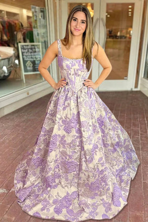 Tavynne | Blue - Square Neck A Line Floral Jacquard Prom Dresses With Pearls - KissProm