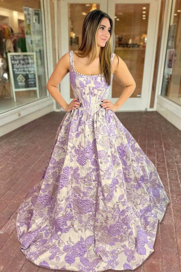 Tavynne | Blue - Square Neck A Line Floral Jacquard Prom Dresses With Pearls - KissProm