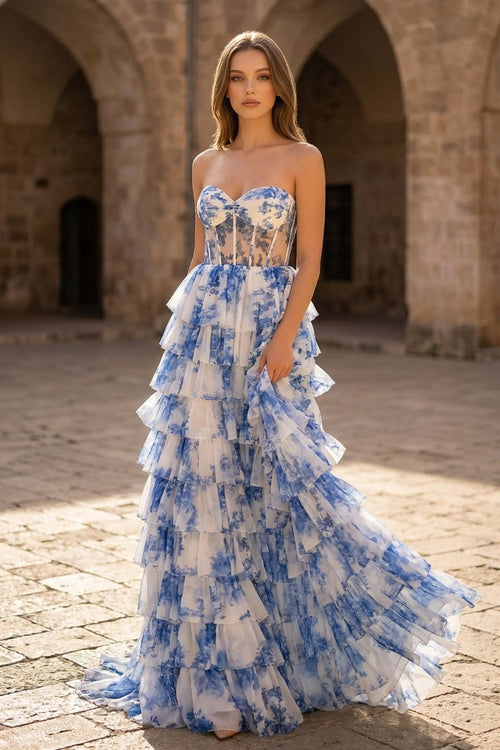 Blue Floral Printed Sweetheart Chiffon Tiered A - Line Long Corset Prom Dress - KissProm