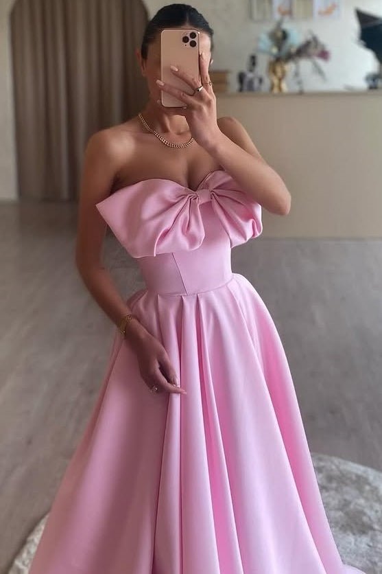 Pink A-Line Strapless Bow Satin Pleated Long Formal Prom Dress – Prom Dresses by KissProm | Available at KissProm