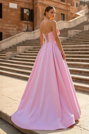 Pink A-Line Strapless Bow Satin Pleated Long Formal Prom Dress – Prom Dresses by KissProm | Available at KissProm