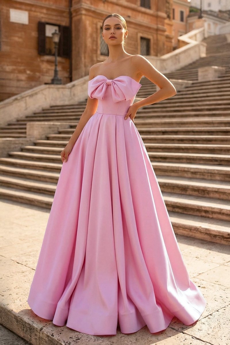 Pink A-Line Strapless Bow Satin Pleated Long Formal Prom Dress – Prom Dresses by KissProm | Available at KissProm