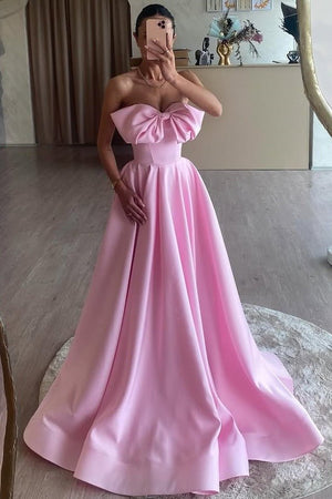 Pink A-Line Strapless Bow Satin Pleated Long Formal Prom Dress – Prom Dresses by KissProm | Available at KissProm