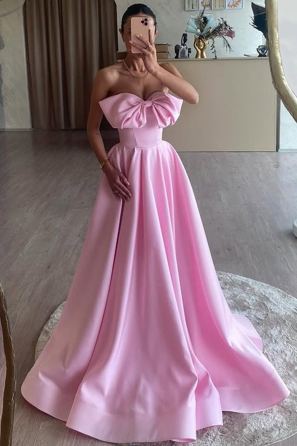 Pink A-Line Strapless Bow Satin Pleated Long Formal Prom Dress – Prom Dresses by KissProm | Available at KissProm