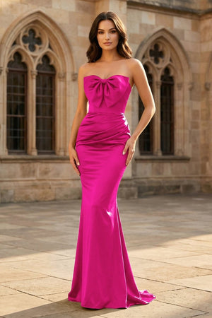 Mermaid Sweetheart Dark Green Satin Long Prom Dresses with Bow - KissProm