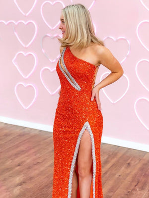 KissProm-Tove Orange One Shoulder Sequins Mermaid Prom Dresses with Slit