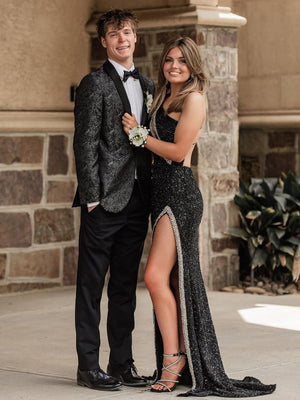 KissProm-Tove Black One Shoulder Sequins Mermaid Prom Dresses with Slit