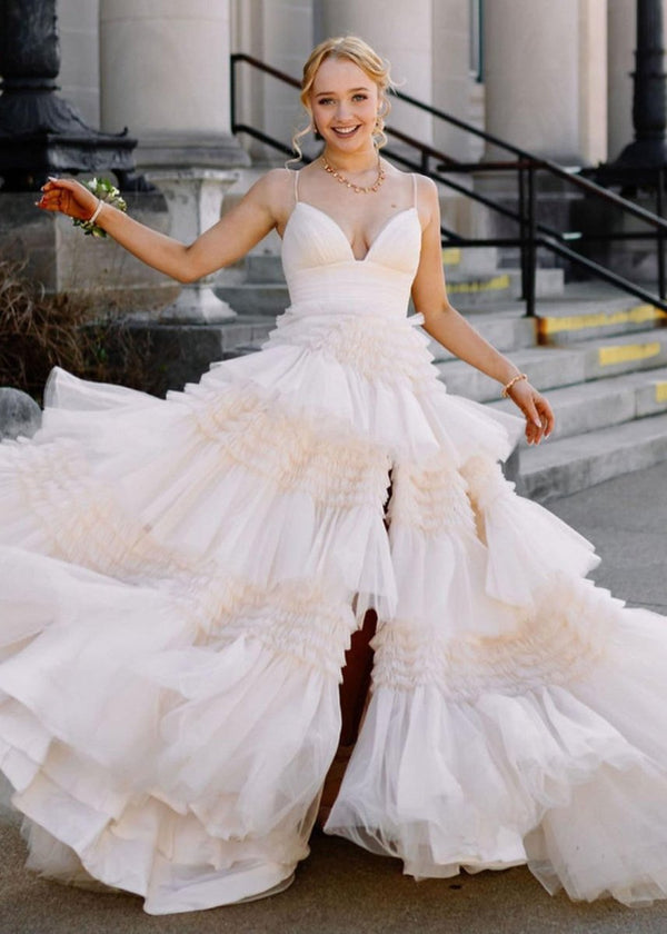 Amanda| A-Line Spaghetti Straps Long Tiered Tulle Prom Dress With Split