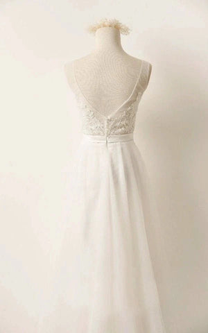 A - Line Tulle Lace V Neck Wedding Dress With Sweep Train - KissProm
