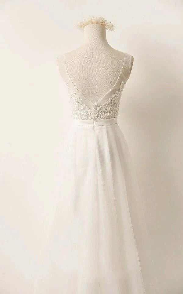 A - Line Tulle Lace V Neck Wedding Dress With Sweep Train - KissProm