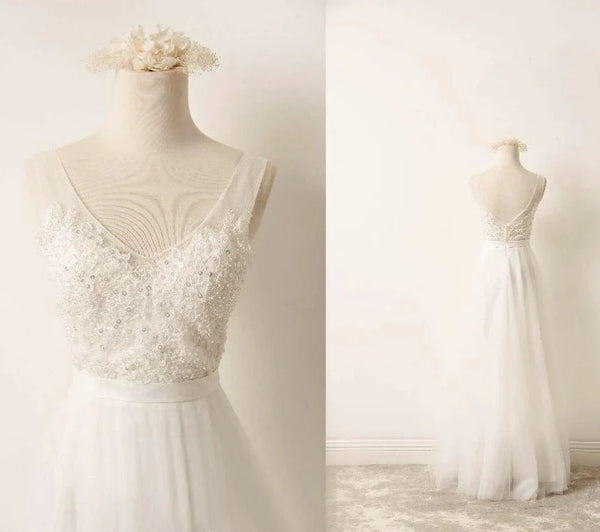A - Line Tulle Lace V Neck Wedding Dress With Sweep Train - KissProm