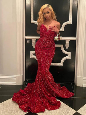 Ulissa| Red Mermaid Sweetheart Neck Sequins Long Prom Dresses - KissProm