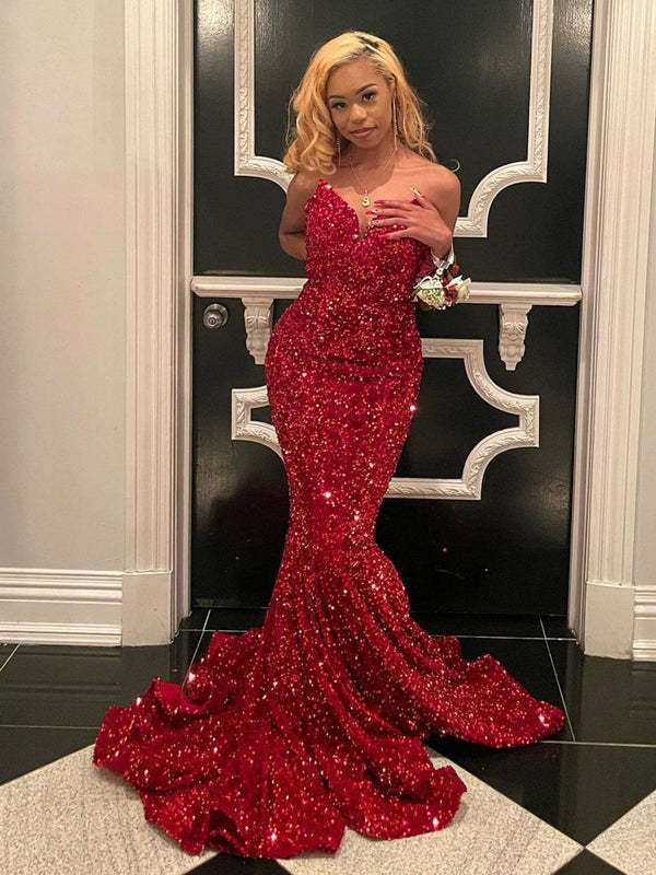 Ulissa| Red Mermaid Sweetheart Neck Sequins Long Prom Dresses - KissProm