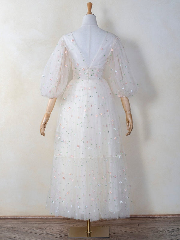 Deep V Starlit Cloud Ruffle Cuffs Maxi Length Dress