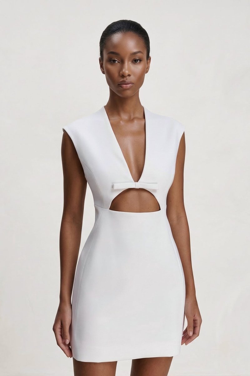 V - Neck Cut - Out Sheath Graduation Dress With Bow - KissProm