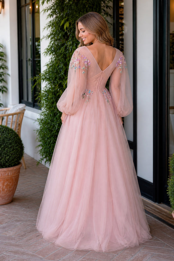 V-neck Embroidery Sequin Floor Length Tulle Prom Dress