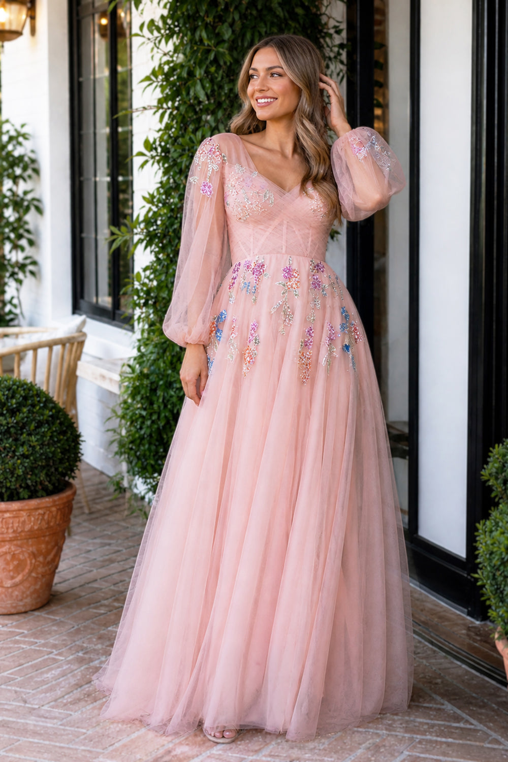 V-neck Embroidery Sequin Floor Length Tulle Prom Dress