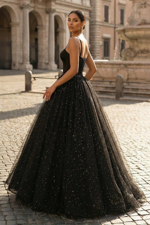 Spaghetti Straps Glitter Black Long Prom Dress - KissProm