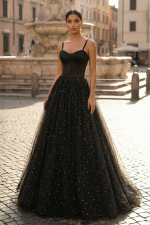 Spaghetti Straps Glitter Black Long Prom Dress - KissProm
