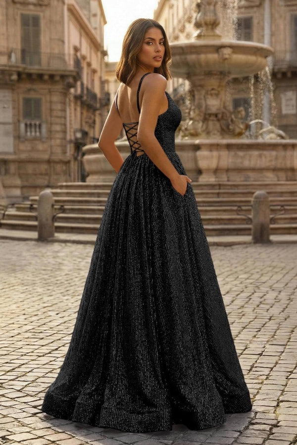 A - line V Neck Sequins Long Prom Dress - KissProm