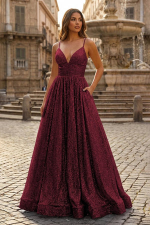 A - line V Neck Sequins Long Prom Dress - KissProm