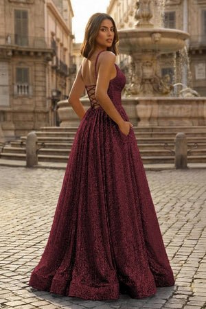 A - line V Neck Sequins Long Prom Dress - KissProm