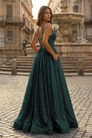 A - line V Neck Sequins Long Prom Dress - KissProm