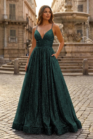 A - line V Neck Sequins Long Prom Dress - KissProm