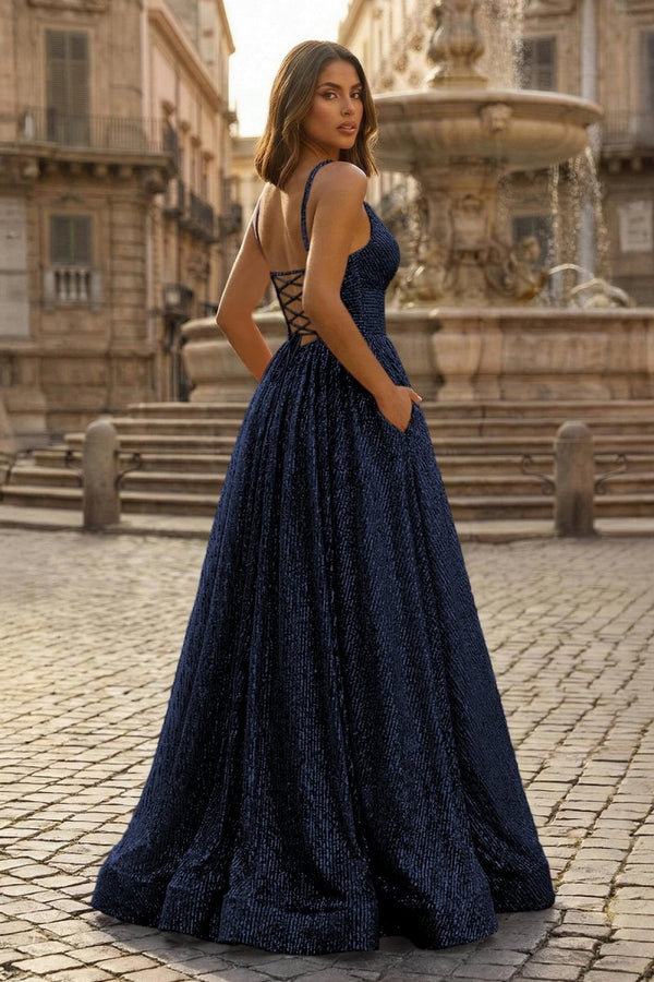 A - line V Neck Sequins Long Prom Dress - KissProm