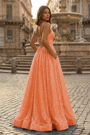 A - line V Neck Sequins Long Prom Dress - KissProm