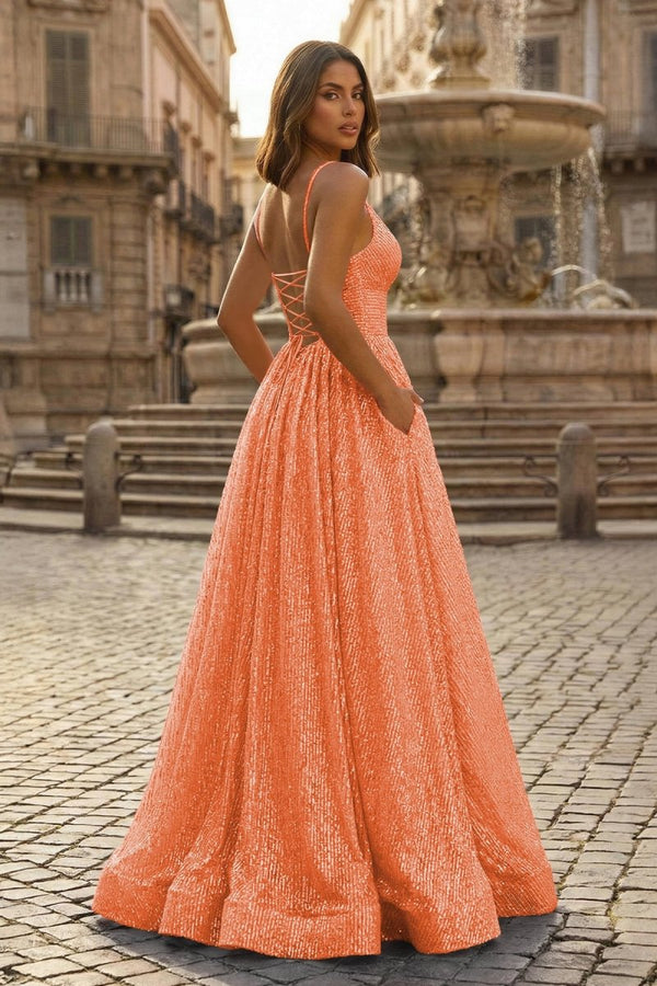 A - line V Neck Sequins Long Prom Dress - KissProm