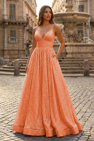 A - line V Neck Sequins Long Prom Dress - KissProm