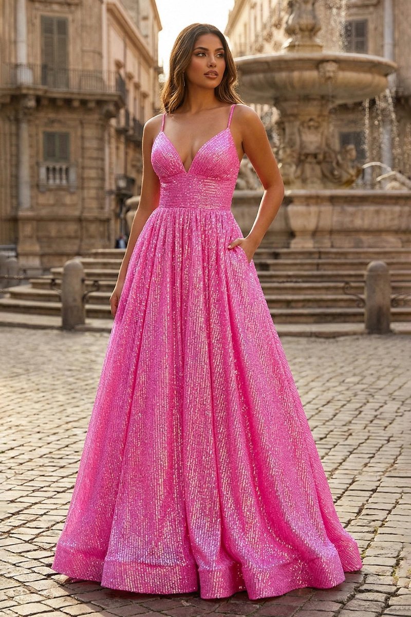 A - line V Neck Sequins Long Prom Dress - KissProm