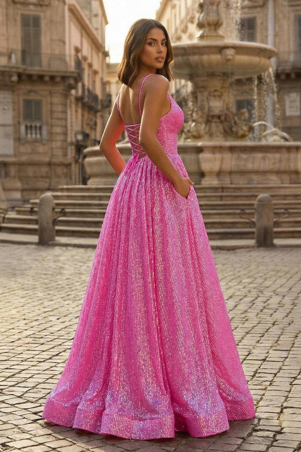 A - line V Neck Sequins Long Prom Dress - KissProm