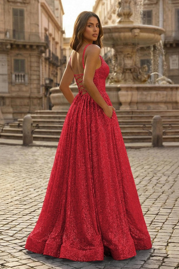 A - line V Neck Sequins Long Prom Dress - KissProm