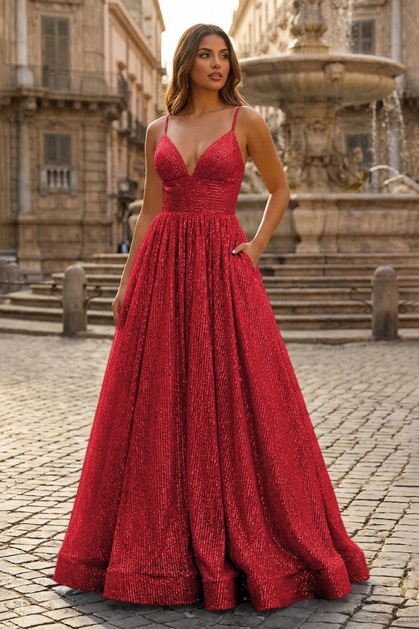 A - line V Neck Sequins Long Prom Dress - KissProm