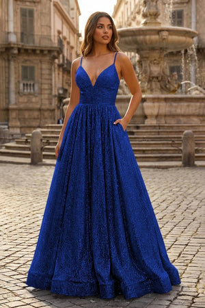 A - line V Neck Sequins Long Prom Dress - KissProm