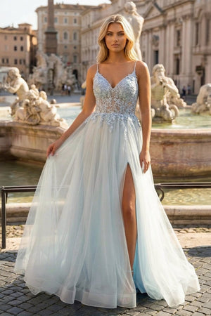 V - Neck Lace - Up Appliques Tulle A - Line Prom Dress - KissProm