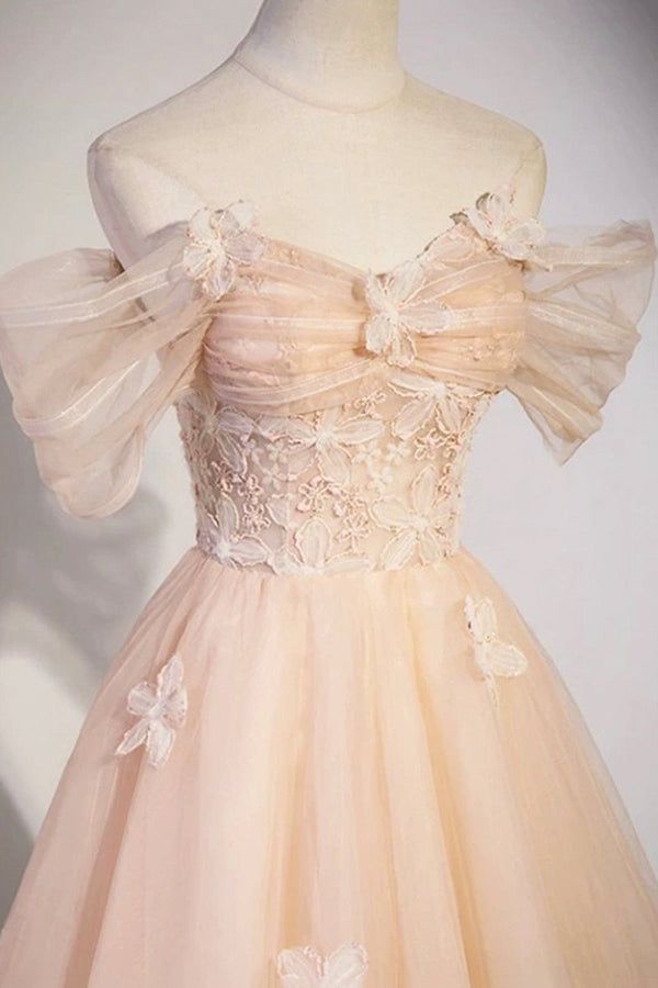 Coraline | Cute Flowers Tulle Long Formal Dresses, Off Shoulder Evening Dresses